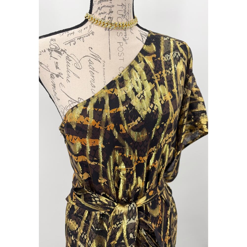 B60 Marie Oliver Farrow Caftan Maxi Dress Small One Shoulder Silk Metallic - Picture 9 of 11